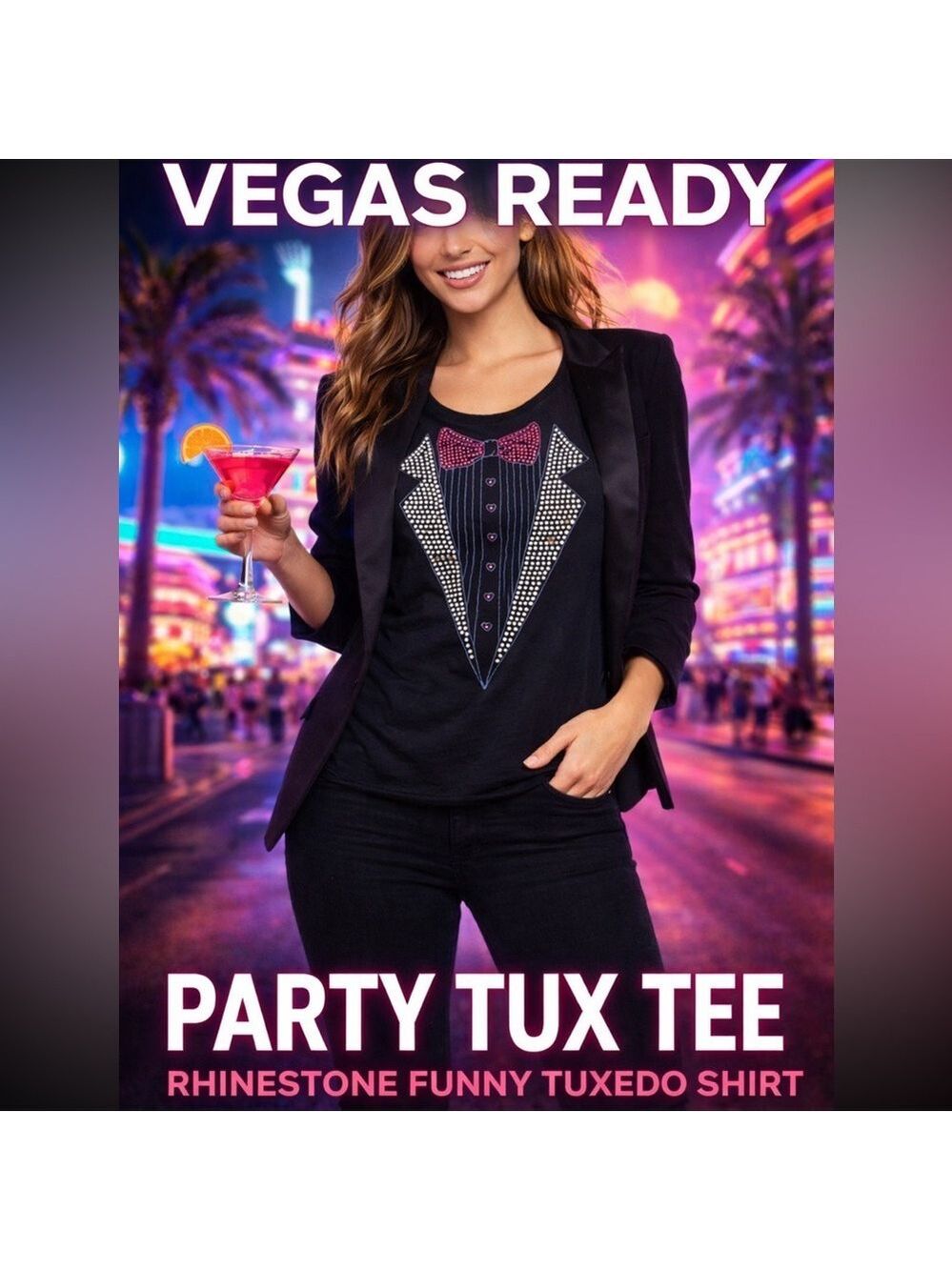 WOMEN’S RHINESTONE TUXEDO TSHIRT PINK BOW TIE NOVELTY FORMAL FUNNY PARTY TOP L